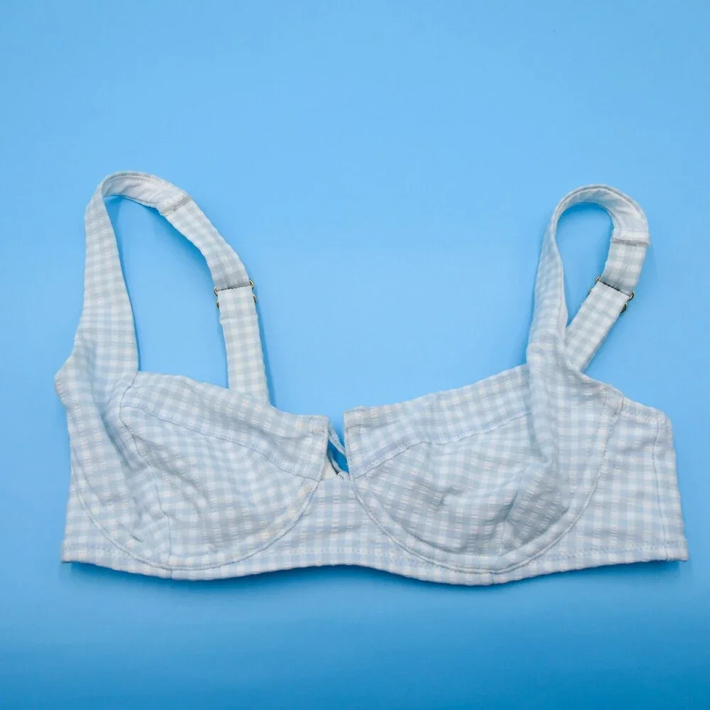Victorias Secret 34C White Blue Check Underwired Cutout Push Up Bikini‎ Top Swim